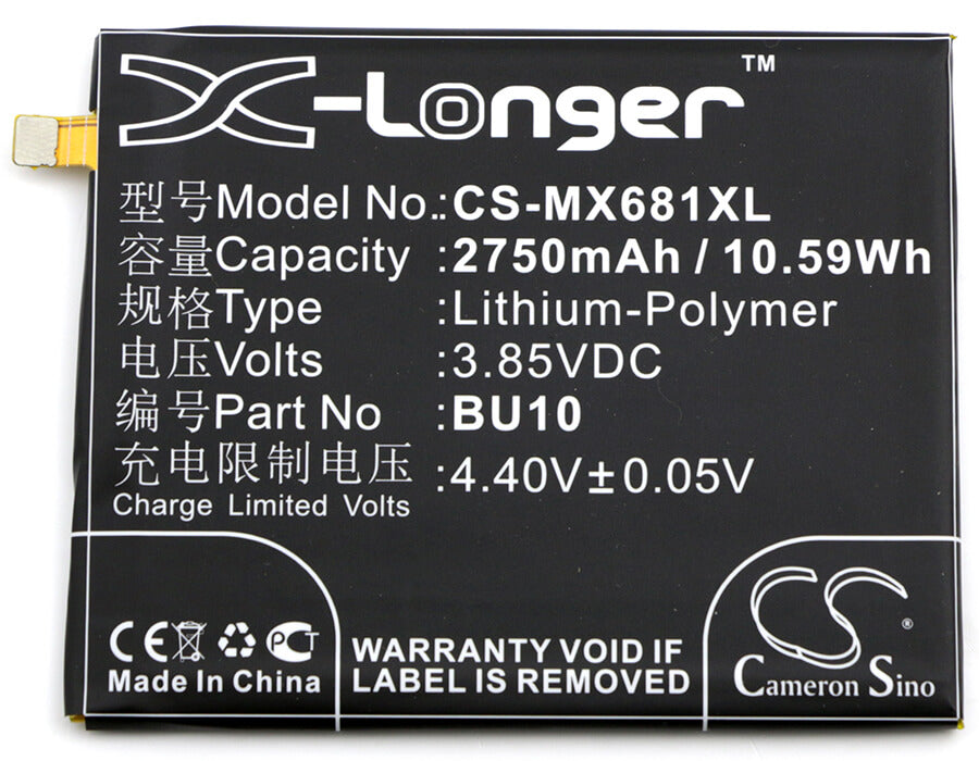 3.85V, 2750mAh, Li-Polymer Battery fits Meilan, U10, U10 Dual Sim, 10.5875Wh