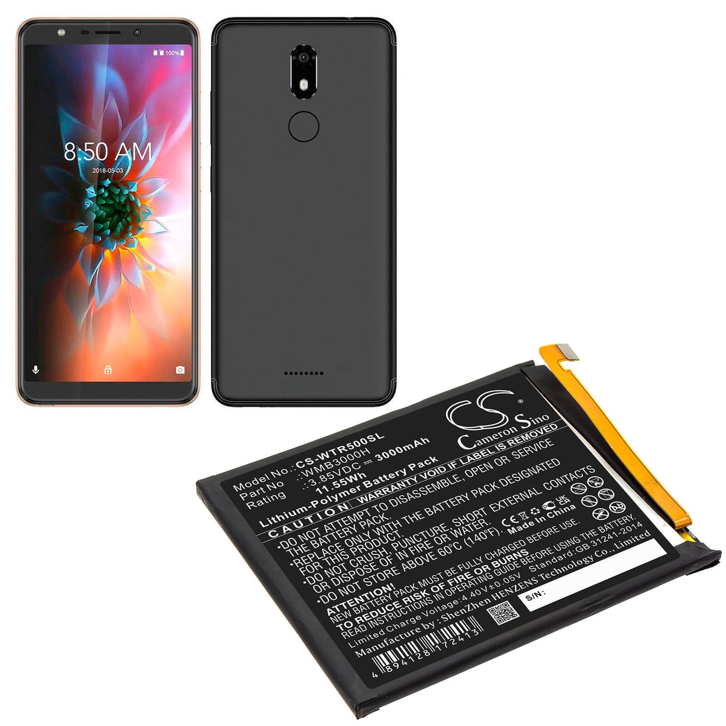 3.85V, 3000mAh, Li-Polymer Battery fits Walton, Primo R5, 11.55Wh