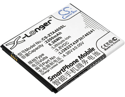 3.8V, 2200mAh, Li-ion Battery fits Zte, Blade A465, Blade A475, 8.36Wh