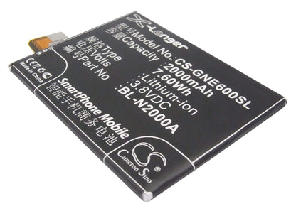 3.8V, 2000mAh, Li-Polymer Battery fits Gionee, E6, E6t, 7.6Wh