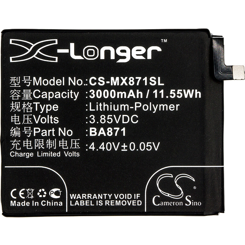 3.85V, 3000mAh, Li-Polymer Battery fits Meizu, 15 Lite, M15, 11.55Wh