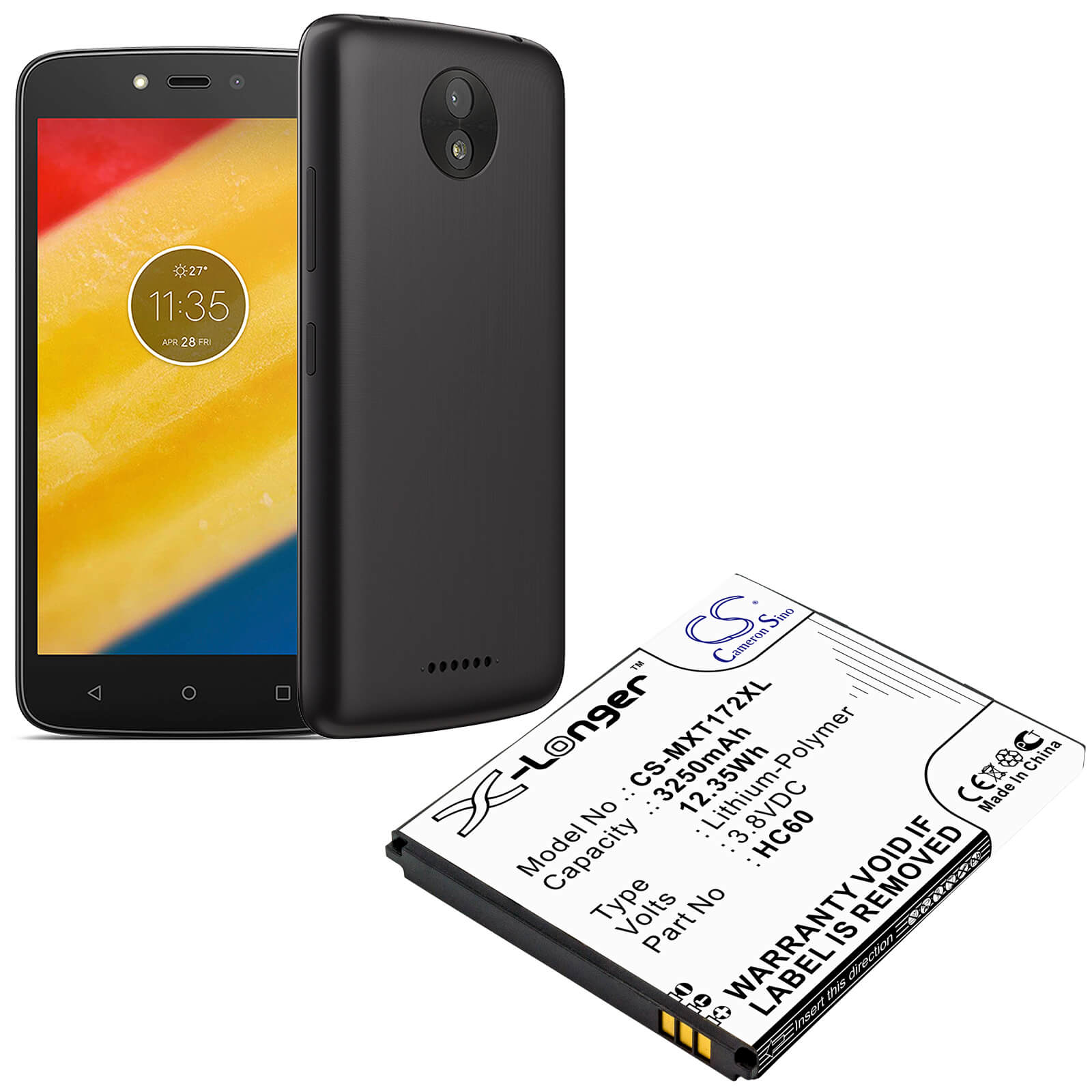 3.8V, 3250mAh, Li-Polymer Battery fits Motorola, Moto C Plus, Moto C Plus Dual Sim, 12.35Wh