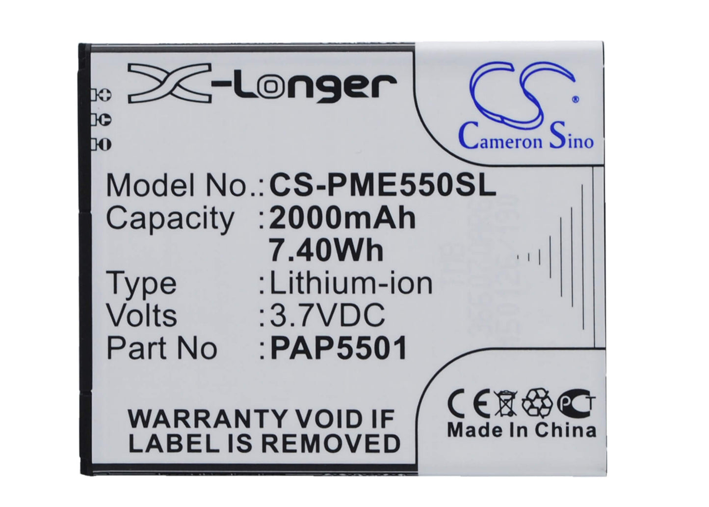 3.7V, 2000mAh, Li-ion Battery fits Prestigio, Multiphone 5501 Duo, Pap5501, 7.4Wh