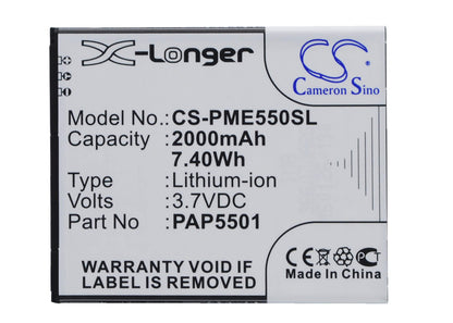 3.7V, 2000mAh, Li-ion Battery fits Prestigio, Multiphone 5501 Duo, Pap5501, 7.4Wh
