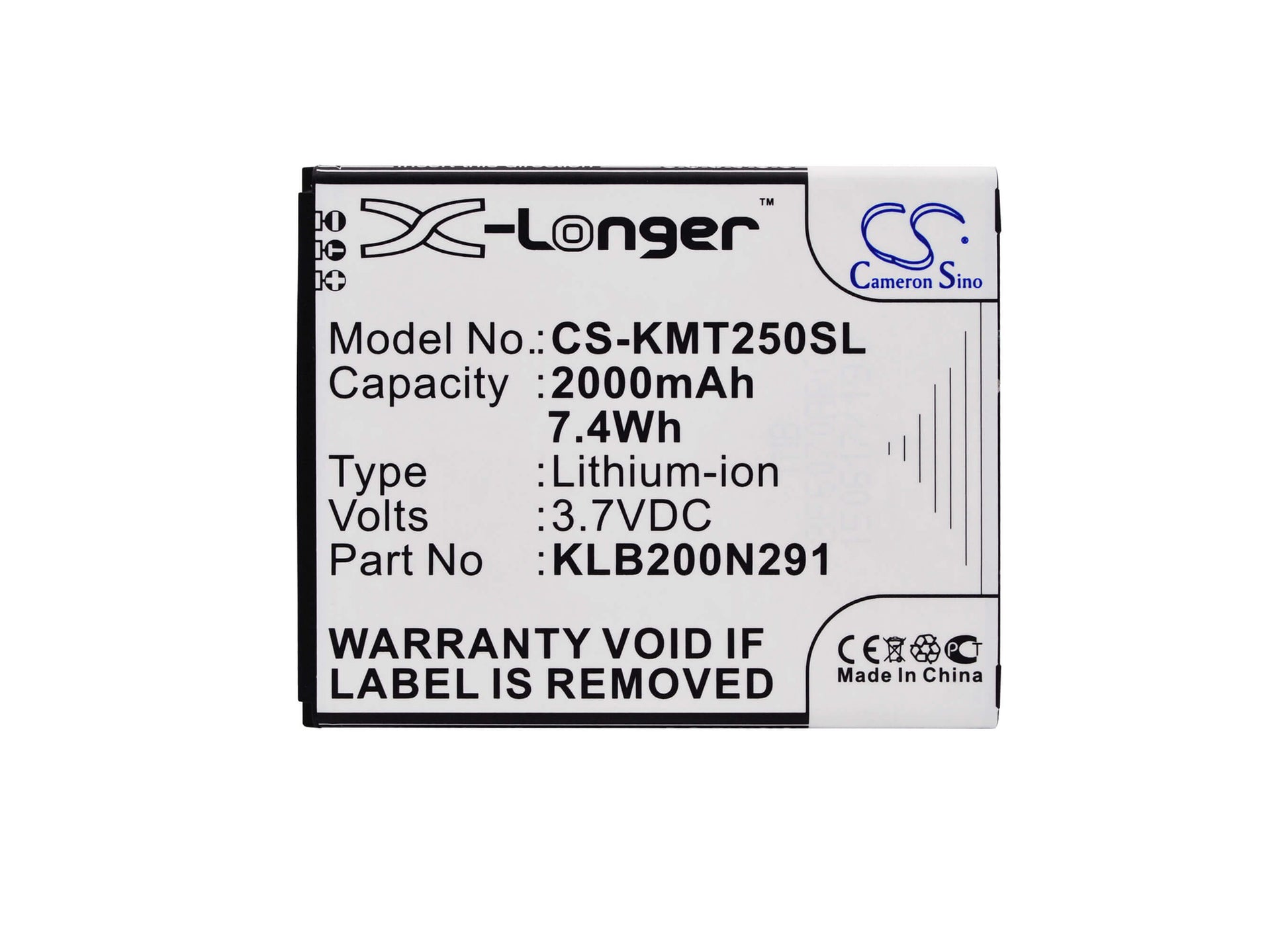 3.7V, 2000mAh, Li-ion Battery fits Kazam, Trooper 2 X5.0, Trooper2 5.0, 7.4Wh