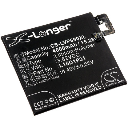 3.82V, 4000mAh, Li-Polymer Battery fits Lenovo, Pb2-690n, Phab 2 Pro, 15.28Wh