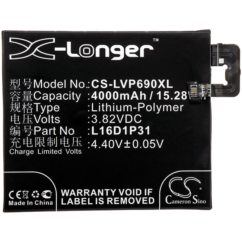 3.82V, 4000mAh, Li-Polymer Battery fits Lenovo, Pb2-690n, Phab 2 Pro, 15.28Wh