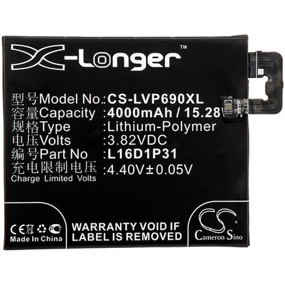 3.82V, 4000mAh, Li-Polymer Battery fits Lenovo, Pb2-690n, Phab 2 Pro, 15.28Wh