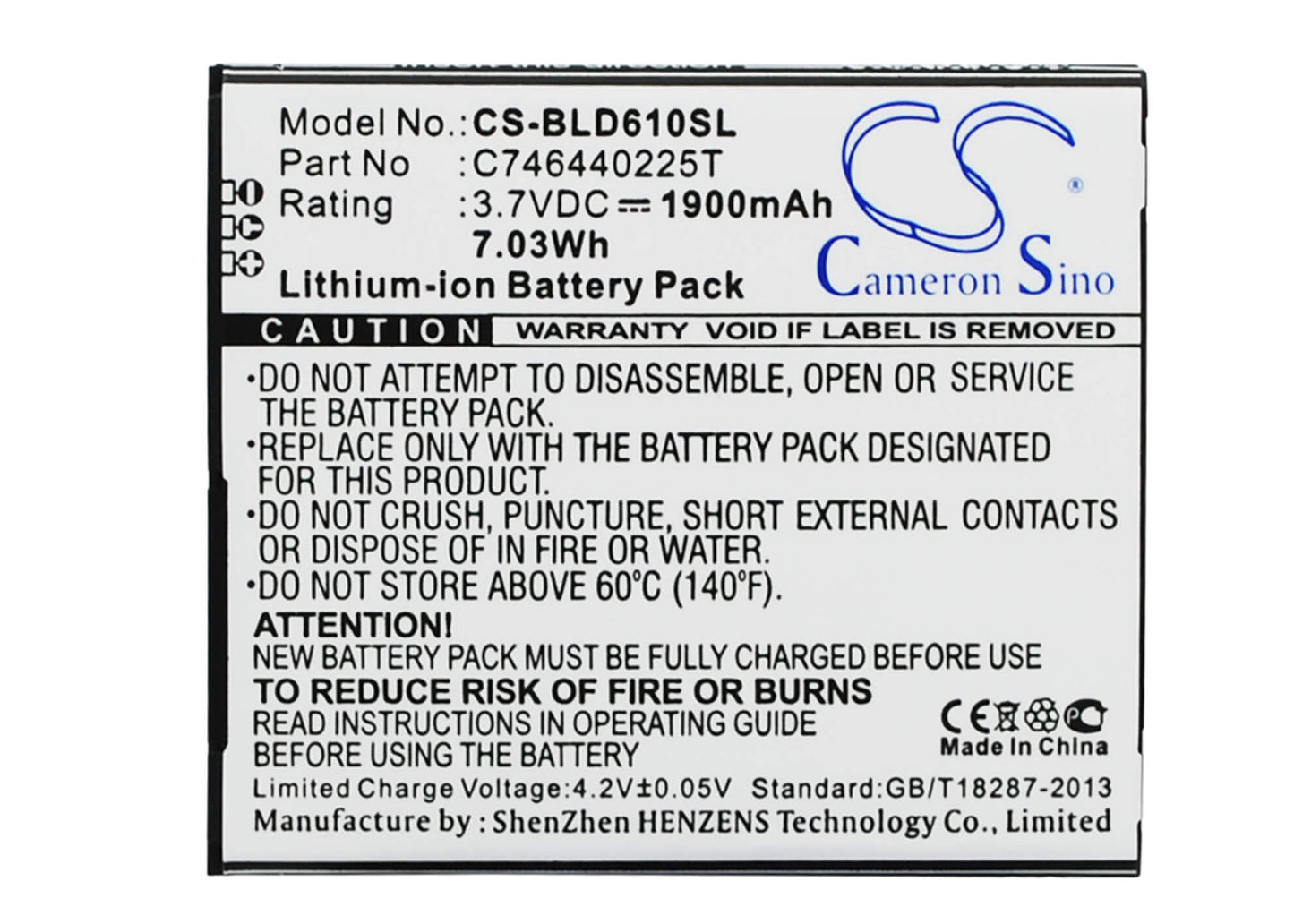 3.7V, 1900mAh, Li-ion Battery fits Blu, D610, D610a, 7.03Wh