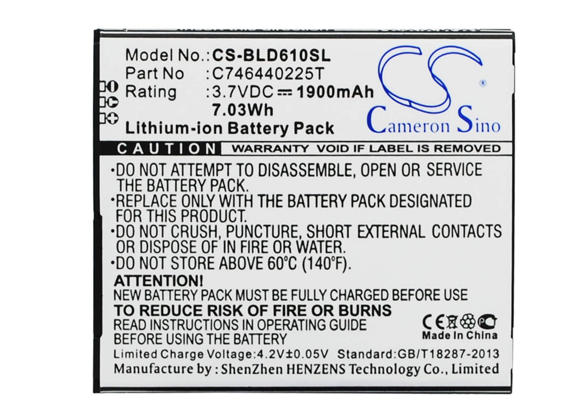 3.7V, 1900mAh, Li-ion Battery fits Blu, D610, D610a, 7.03Wh
