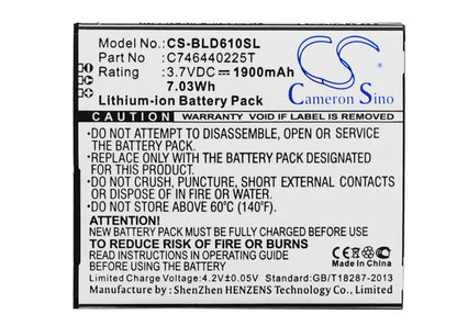 3.7V, 1900mAh, Li-ion Battery fits Blu, D610, D610a, 7.03Wh