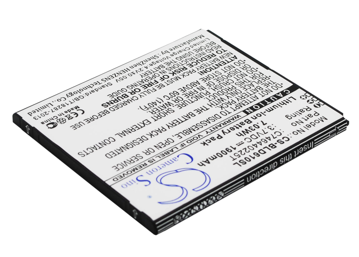 3.7V, 1900mAh, Li-ion Battery fits Blu, D610, D610a, 7.03Wh