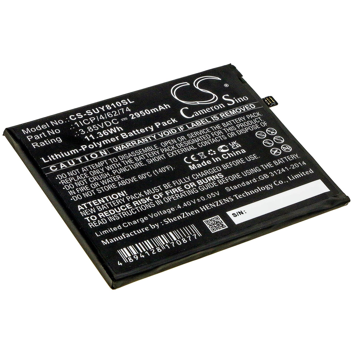 3.85V, 2950mAh, Li-Polymer Battery fits Sugar, Y8 Max, 11.3575Wh