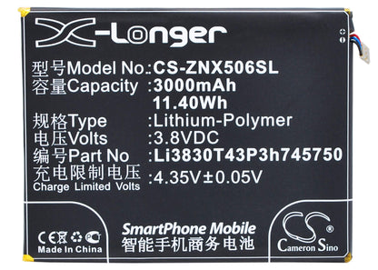 3.8V, 3000mAh, Li-Polymer Battery fits Zte, Nubia Z7, Nubia Z7 Dual Sim, 11.4Wh