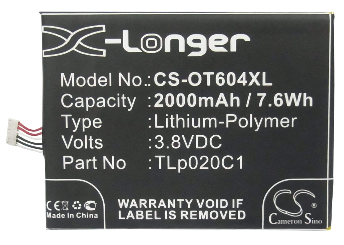 3.8V, 2000mAh, Li-Polymer Battery fits Tcl, S950, S950t, 7.6Wh