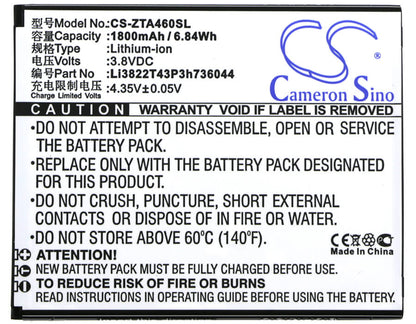 3.8V, 1800mAh, Li-ion Battery fits Zte, Blade A460, Blade L4, 6.84Wh