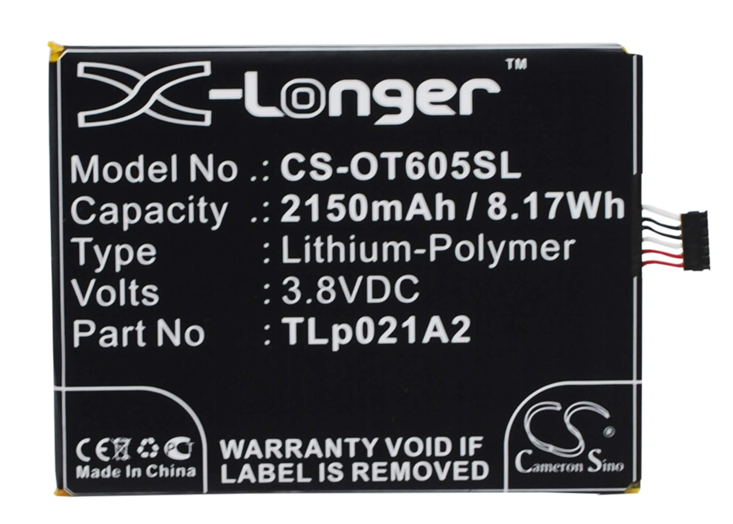 3.8V, 2150mAh, Li-Polymer Battery fits Alcatel, One Touch Idol 2s, Ot-6050, 8.17Wh
