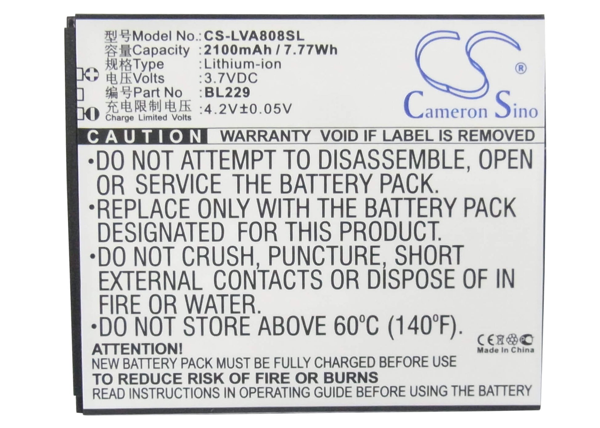 3.7V, 2100mAh, Li-ion Battery fits Lenovo, A8, A806, 7.77Wh