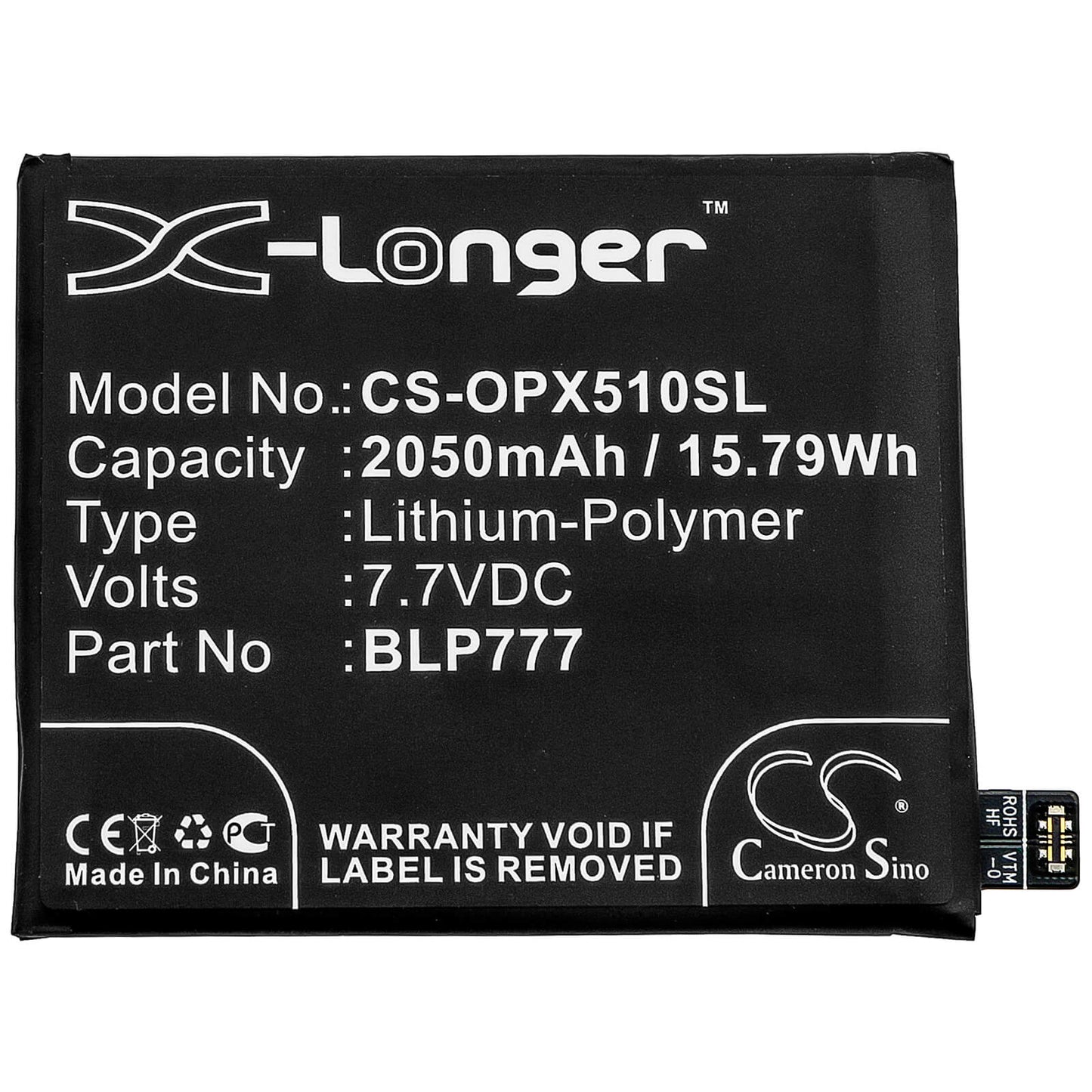 7.7V, 2050mAh, Li-Polymer Battery fits Oppo, Realme X50 Pro 5g, Rmx2072, 15.785Wh