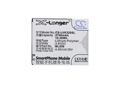 3.8V, 2700mAh, Li-Polymer Battery fits Lenovo, K32c36, Lemon 3, 10.26Wh