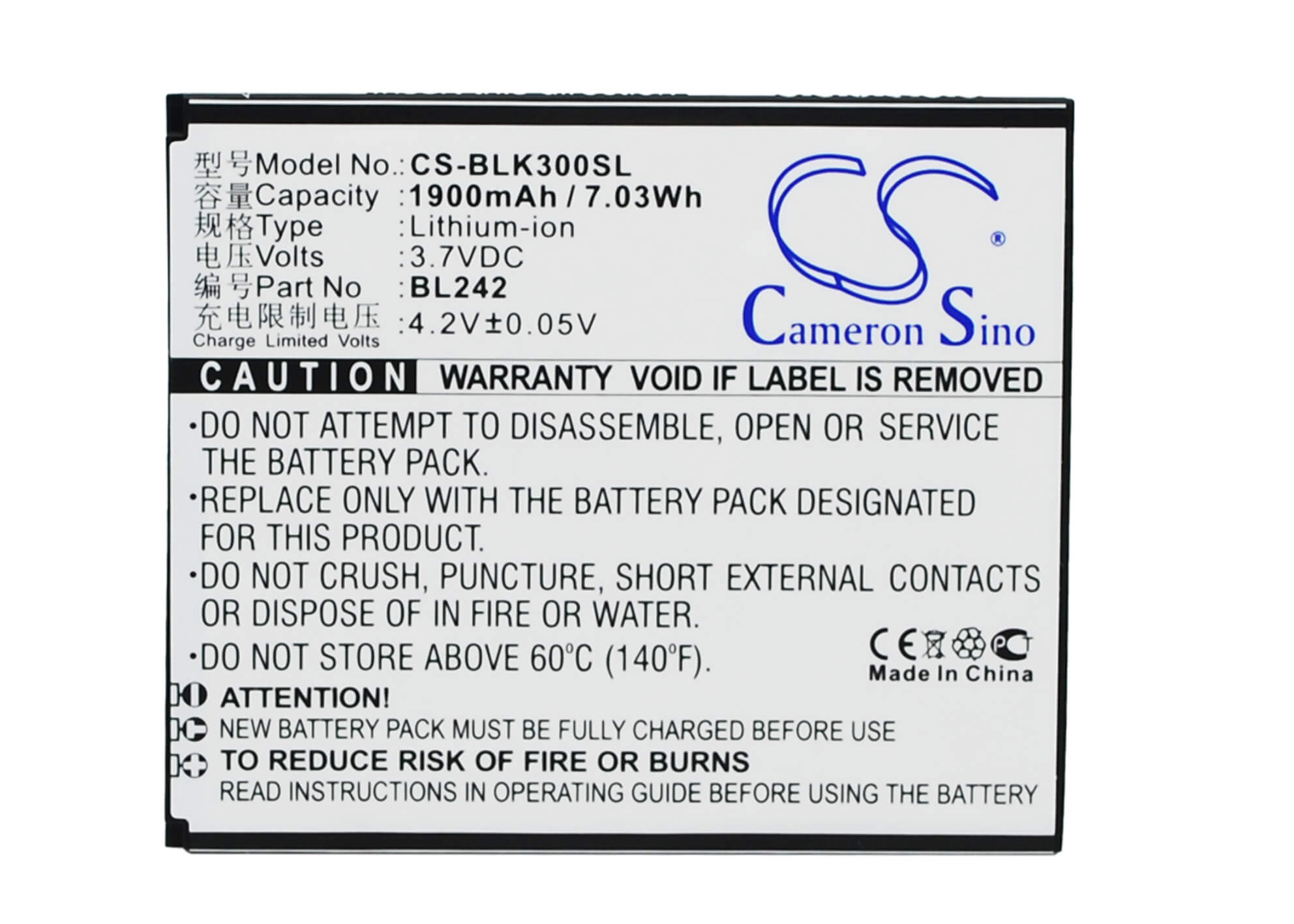 3.7V, 1900mAh, Li-ion Battery fits Lenovo, A6000, A6000 Dual Sim, 7.03Wh