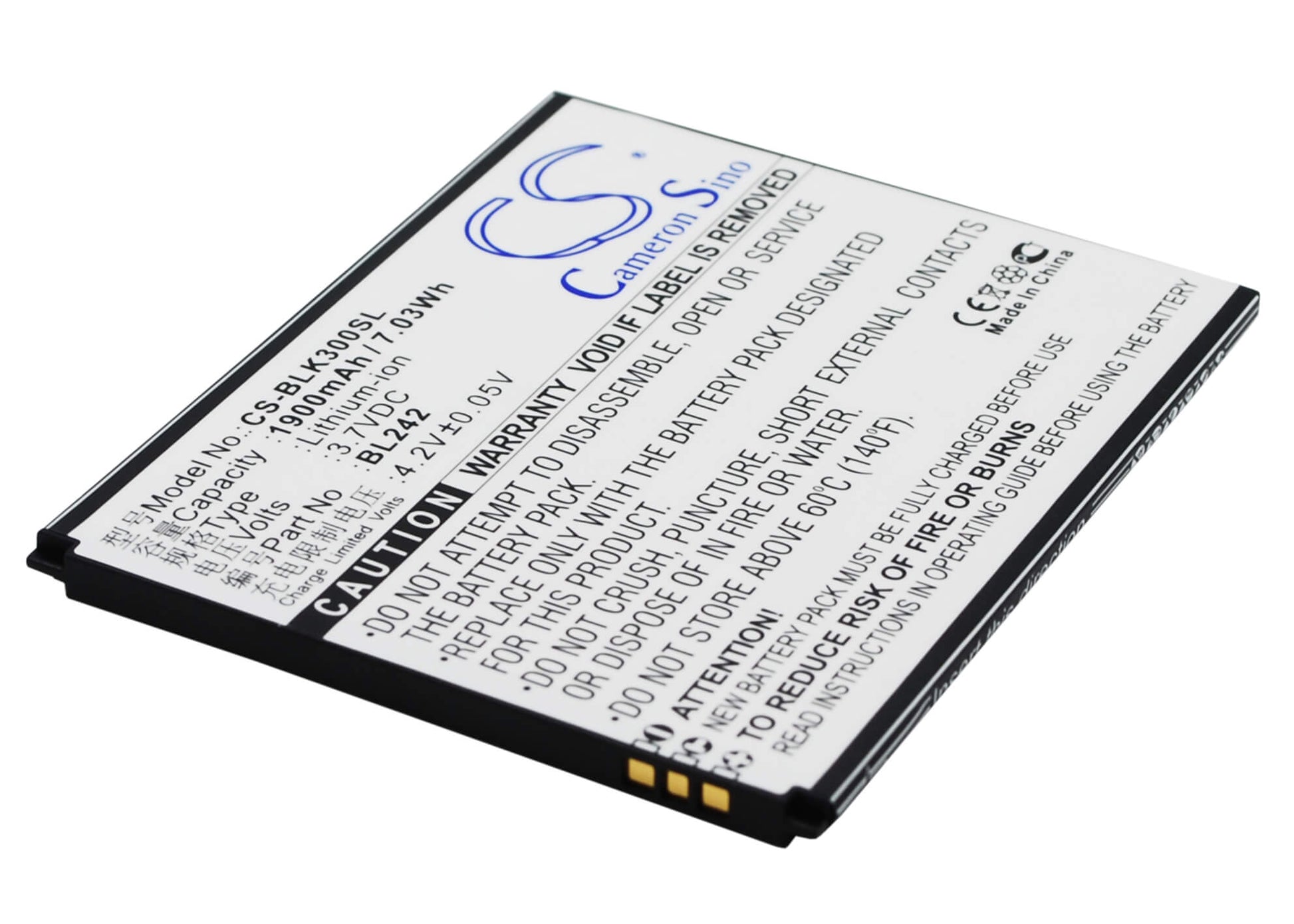 3.7V, 1900mAh, Li-ion Battery fits Lenovo, A6000, A6000 Dual Sim, 7.03Wh