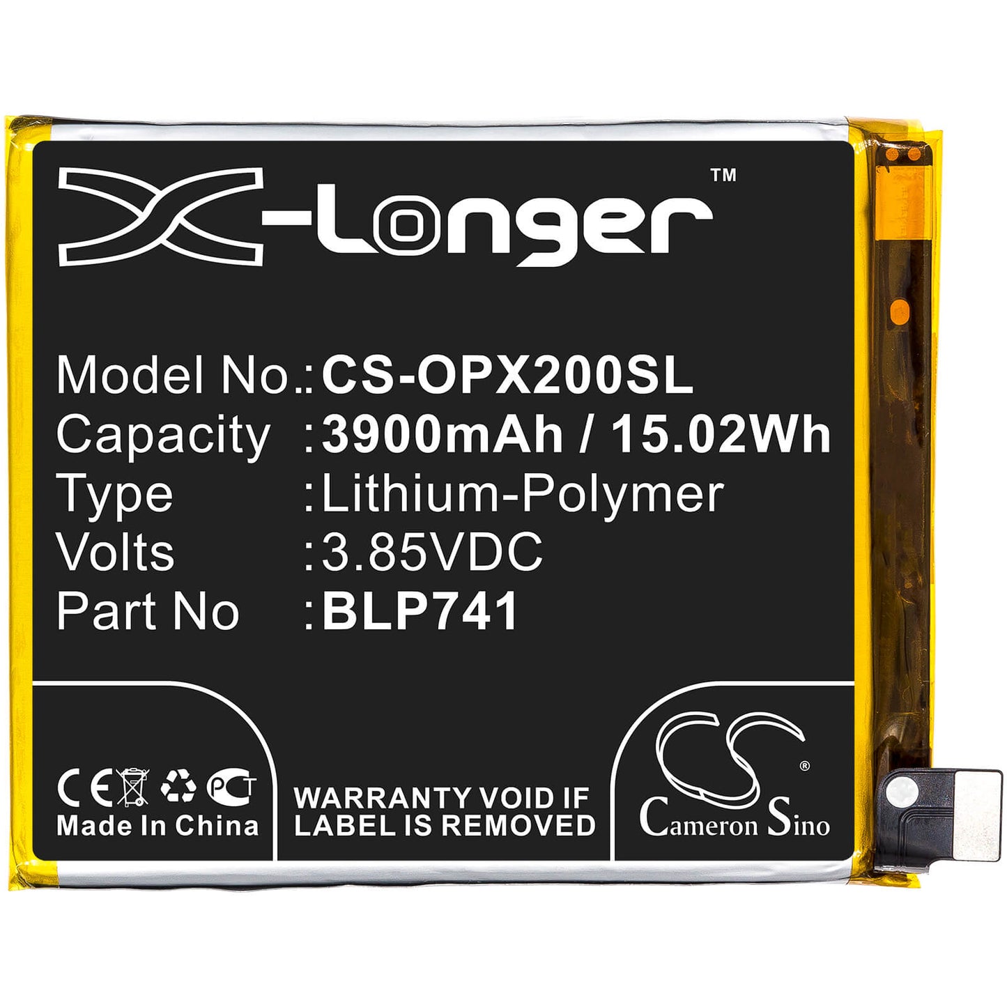 3.85V, 3900mAh, Li-Polymer Battery fits Oppo, Realme X2, 15.015Wh