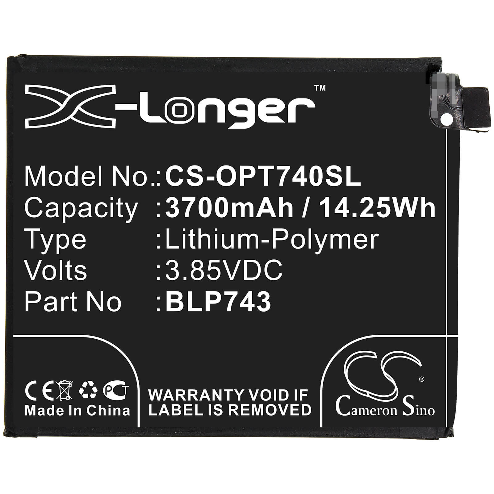 3.85V, 3700mAh, Li-Polymer Battery fits Oneplus, 7t, Hd1901, 14.245Wh