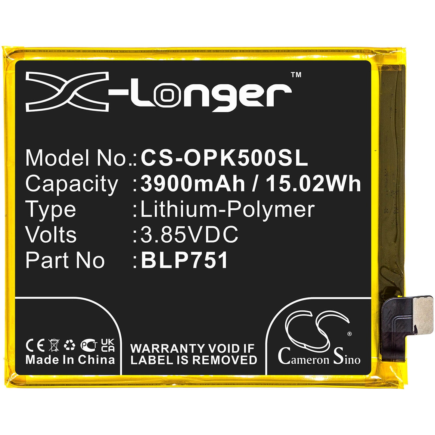 3.85V, 3900mAh, Li-Polymer Battery fits Oppo, K5, Pcnm00, 15.015Wh