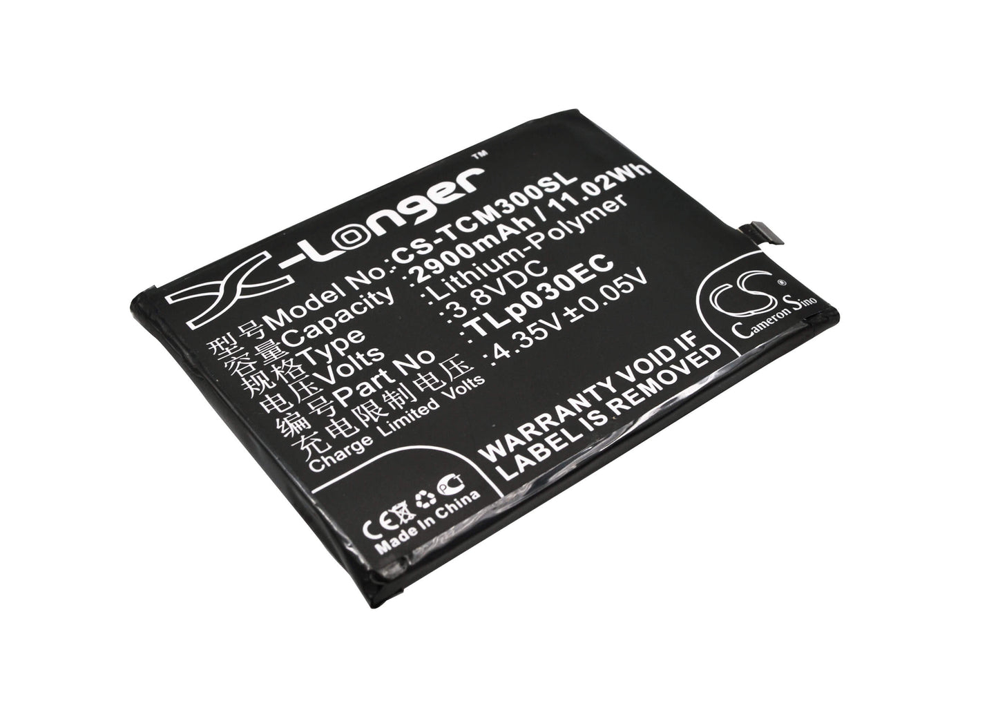 3.8V, 2900mAh, Li-Polymer Battery fits Tcl, 3s, M3g, 11.02Wh