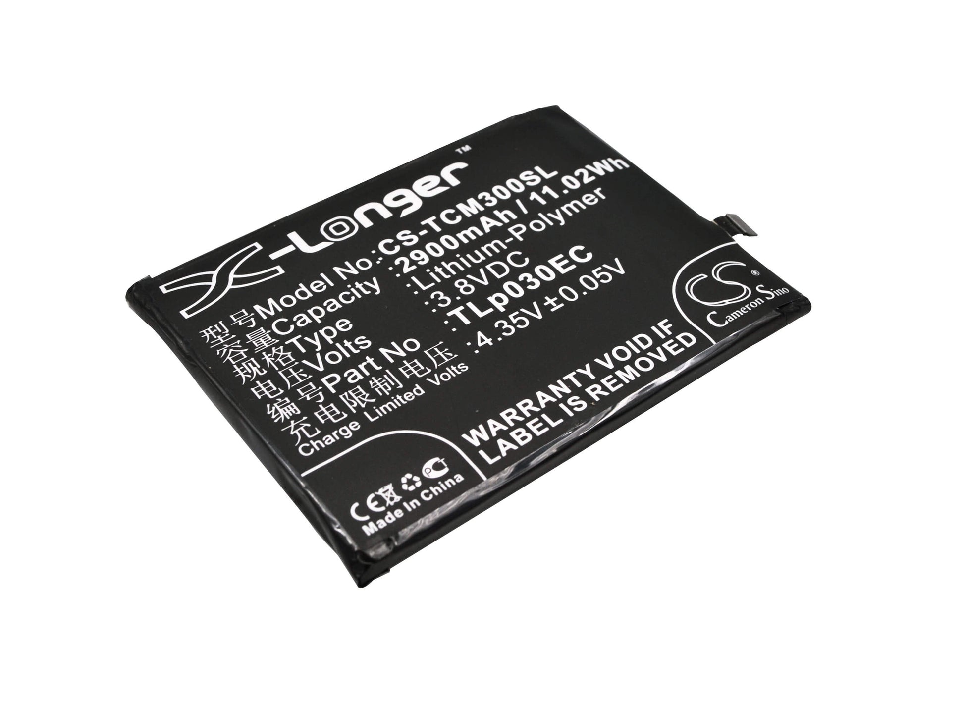 3.8V, 2900mAh, Li-Polymer Battery fits Tcl, 3s, M3g, 11.02Wh