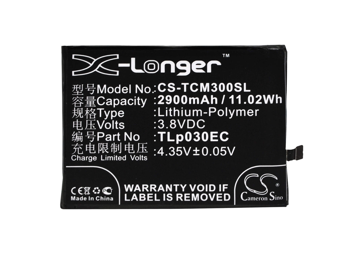 3.8V, 2900mAh, Li-Polymer Battery fits Tcl, 3s, M3g, 11.02Wh