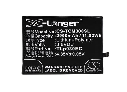 3.8V, 2900mAh, Li-Polymer Battery fits Tcl, 3s, M3g, 11.02Wh