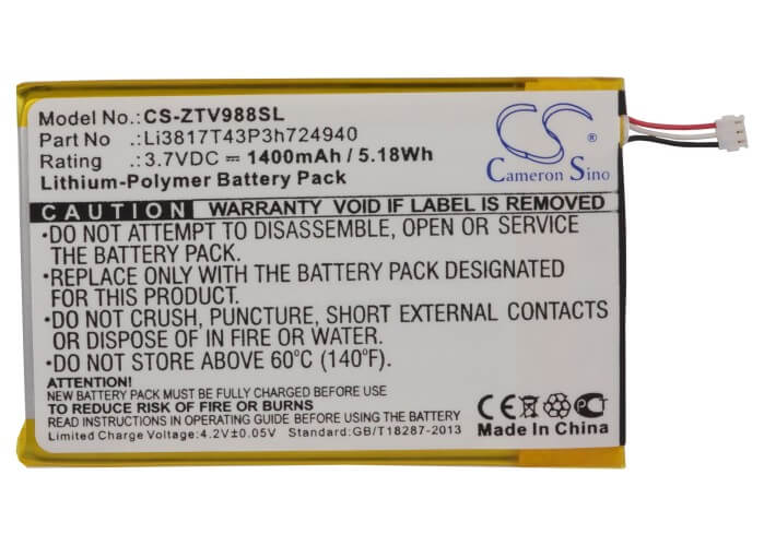 3.7V, 1400mAh, Li-Polymer Battery fits Net10, Ntzez753g3p5p, Paragon, 5.18Wh