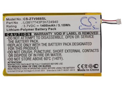 3.7V, 1400mAh, Li-Polymer Battery fits Net10, Ntzez753g3p5p, Paragon, 5.18Wh