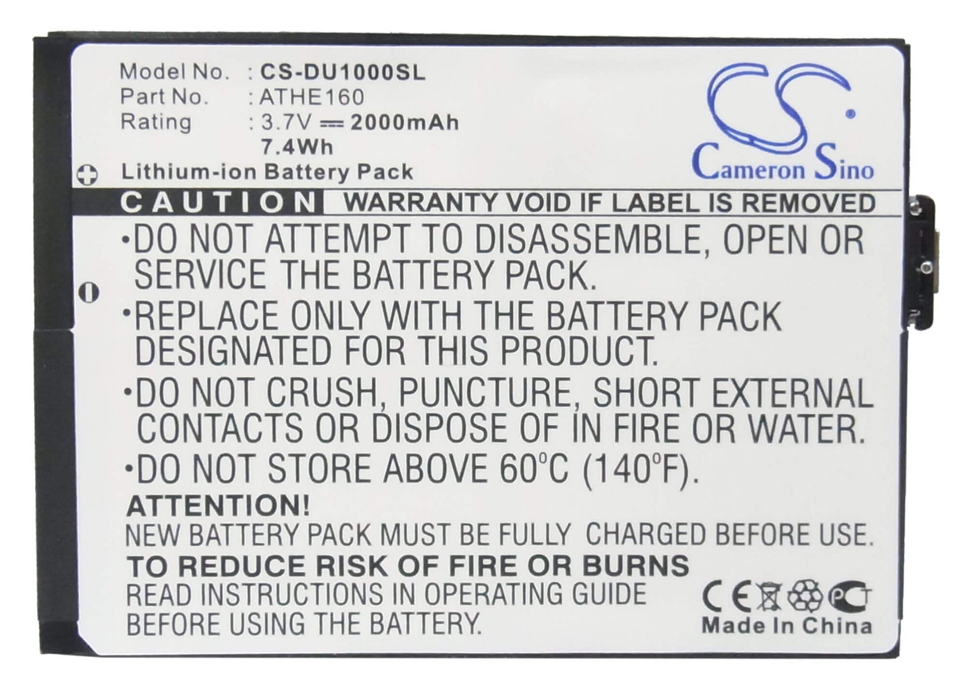 3.7V, 2000mAh, Li-ion Battery fits T-mobile, Mda Ameo, Mda Ameo 16gb, 7.4Wh
