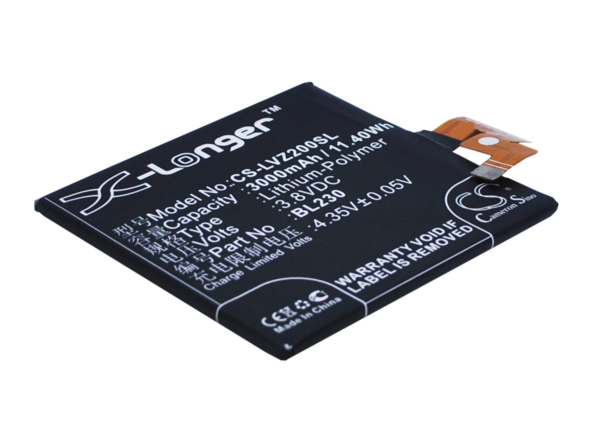 3.8V, 3000mAh, Li-Polymer Battery fits Lenovo, Vibe Z2, Vibe Z2t, 11.4Wh