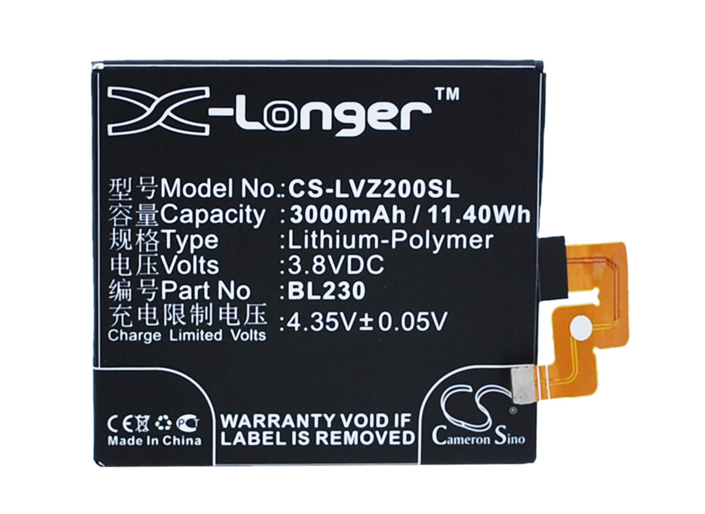 3.8V, 3000mAh, Li-Polymer Battery fits Lenovo, Vibe Z2, Vibe Z2t, 11.4Wh
