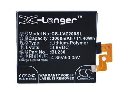3.8V, 3000mAh, Li-Polymer Battery fits Lenovo, Vibe Z2, Vibe Z2t, 11.4Wh