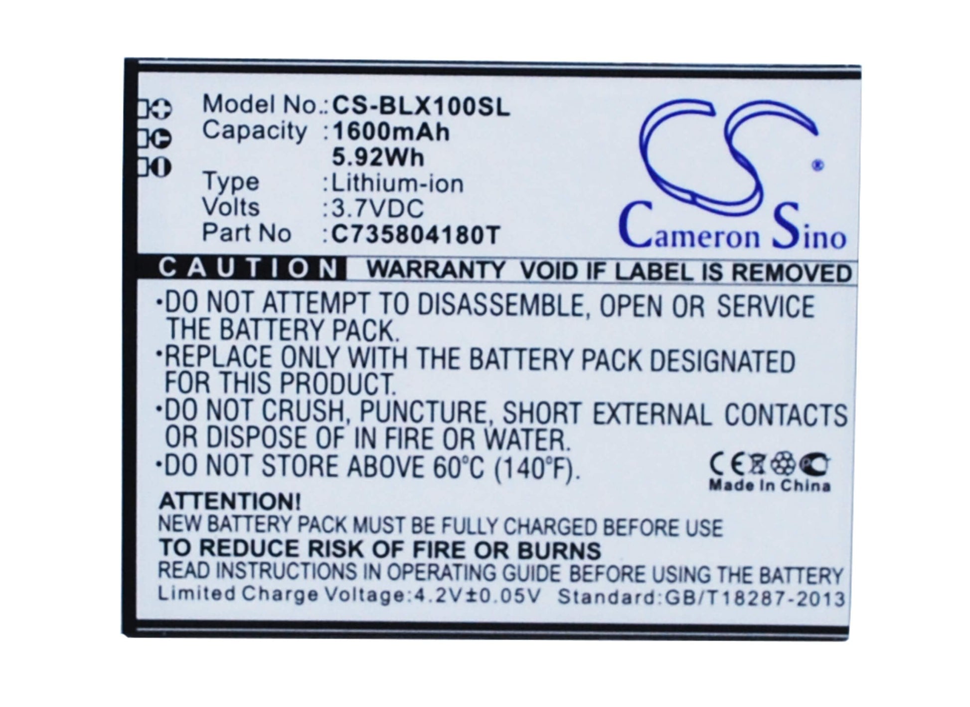 3.7V, 1600mAh, Li-ion Battery fits Blu, L100, L100a, 5.92Wh