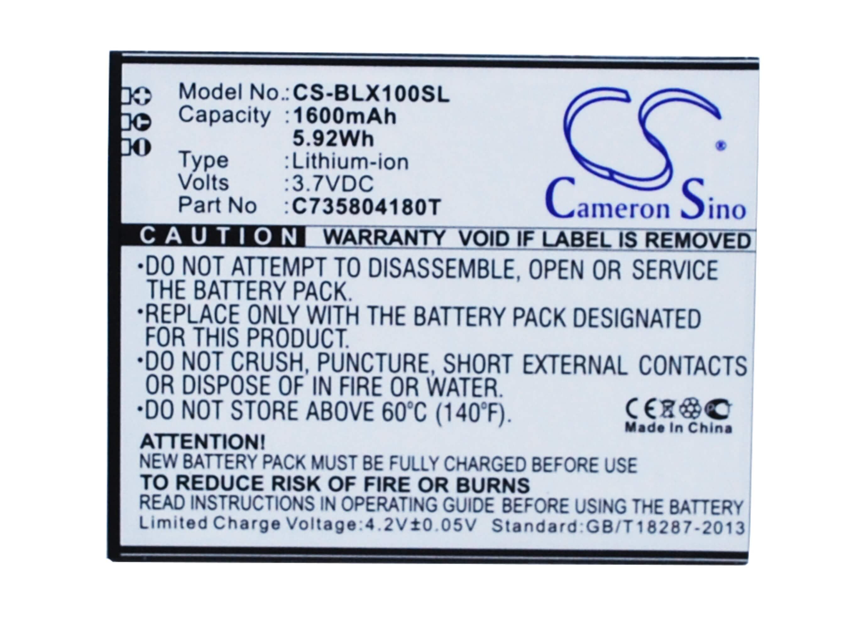 3.7V, 1600mAh, Li-ion Battery fits Blu, L100, L100a, 5.92Wh