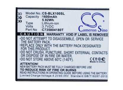 3.7V, 1600mAh, Li-ion Battery fits Blu, L100, L100a, 5.92Wh