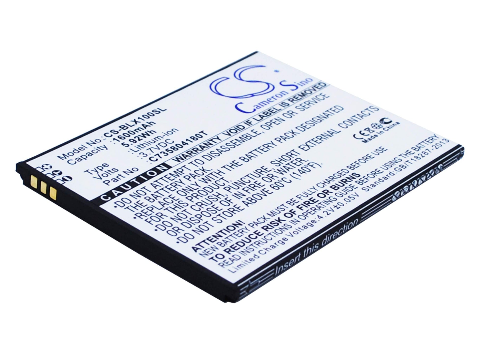 3.7V, 1600mAh, Li-ion Battery fits Blu, L100, L100a, 5.92Wh