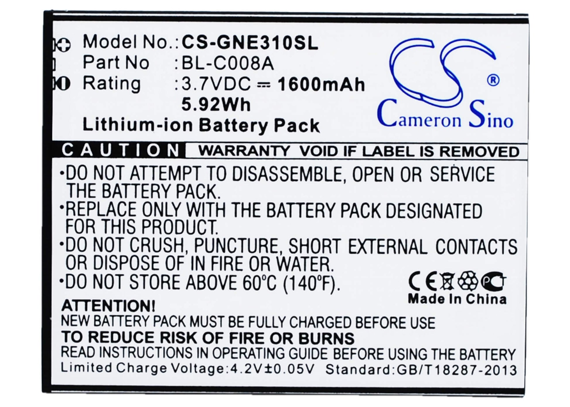 3.7V, 1600mAh, Li-ion Battery fits Gionee, E3, E3t, 5.92Wh