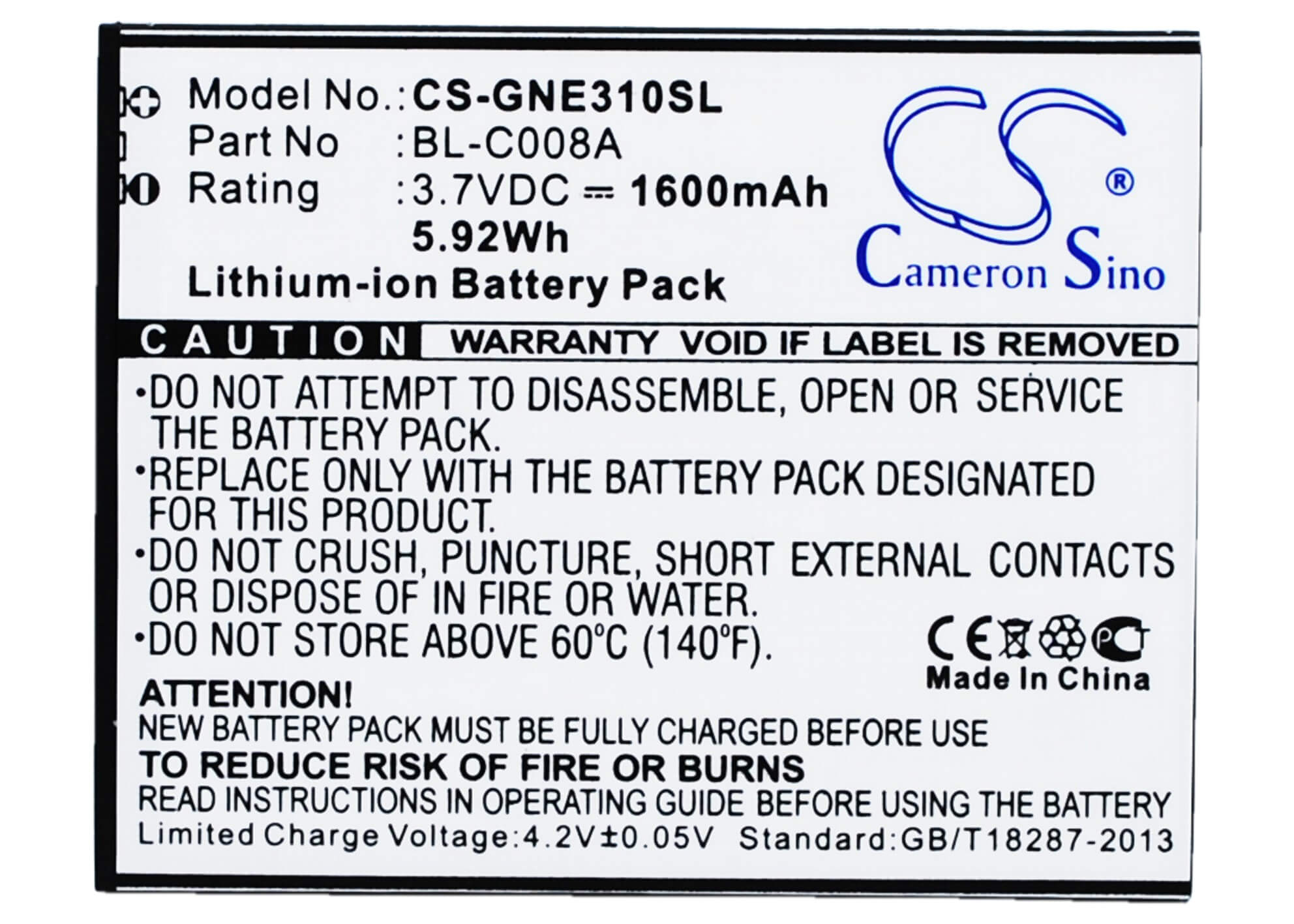3.7V, 1600mAh, Li-ion Battery fits Gionee, E3, E3t, 5.92Wh