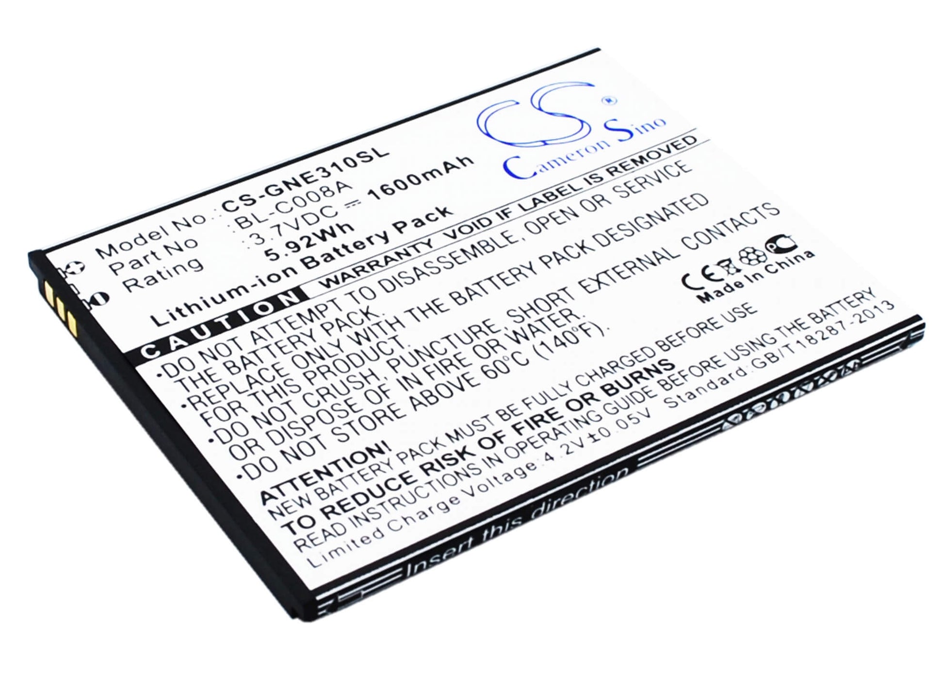 3.7V, 1600mAh, Li-ion Battery fits Gionee, E3, E3t, 5.92Wh