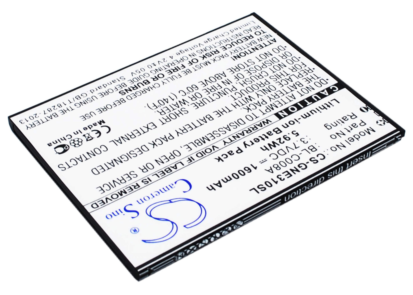 3.7V, 1600mAh, Li-ion Battery fits Gionee, E3, E3t, 5.92Wh