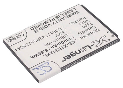 3.7V, 1800mAh, Li-ion Battery fits Zte, Aurora, Avid 4g N9120, 6.66Wh