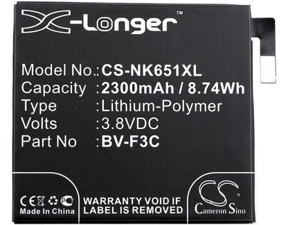 3.8V, 2300mAh, Li-Polymer Battery fits Microsoft, Lumia 650 Xl, 8.74Wh
