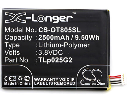 3.8V, 2500mAh, Li-Polymer Battery fits Alcatel, One Touch Pixi 3 8" 3g, One Touch Pixi 4 6.0, 9.5Wh